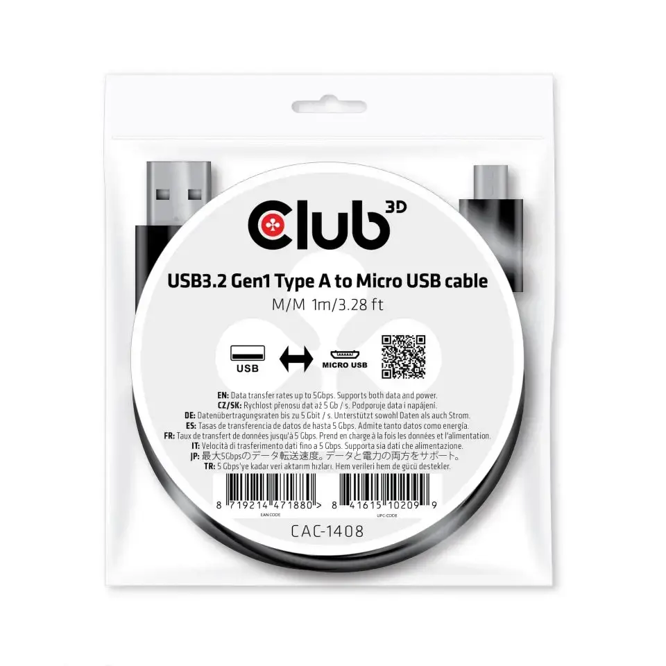 CLUB3D USB 3.2 Gen1 Type-A to Micro USB Cable M/M 1m /3.28ft, 1 m, USB A, Micro-USB B, USB 3.2 Gen 1 (3.1 Gen 1), 50000 Mbit/s, Black