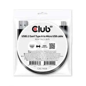 CLUB3D USB 3.2 Gen1 Type-A to Micro USB Cable M/M 1m /3.28ft, 1 m, USB A, Micro-USB B, USB 3.2 Gen 1 (3.1 Gen 1), 50000 Mbit/s, Black