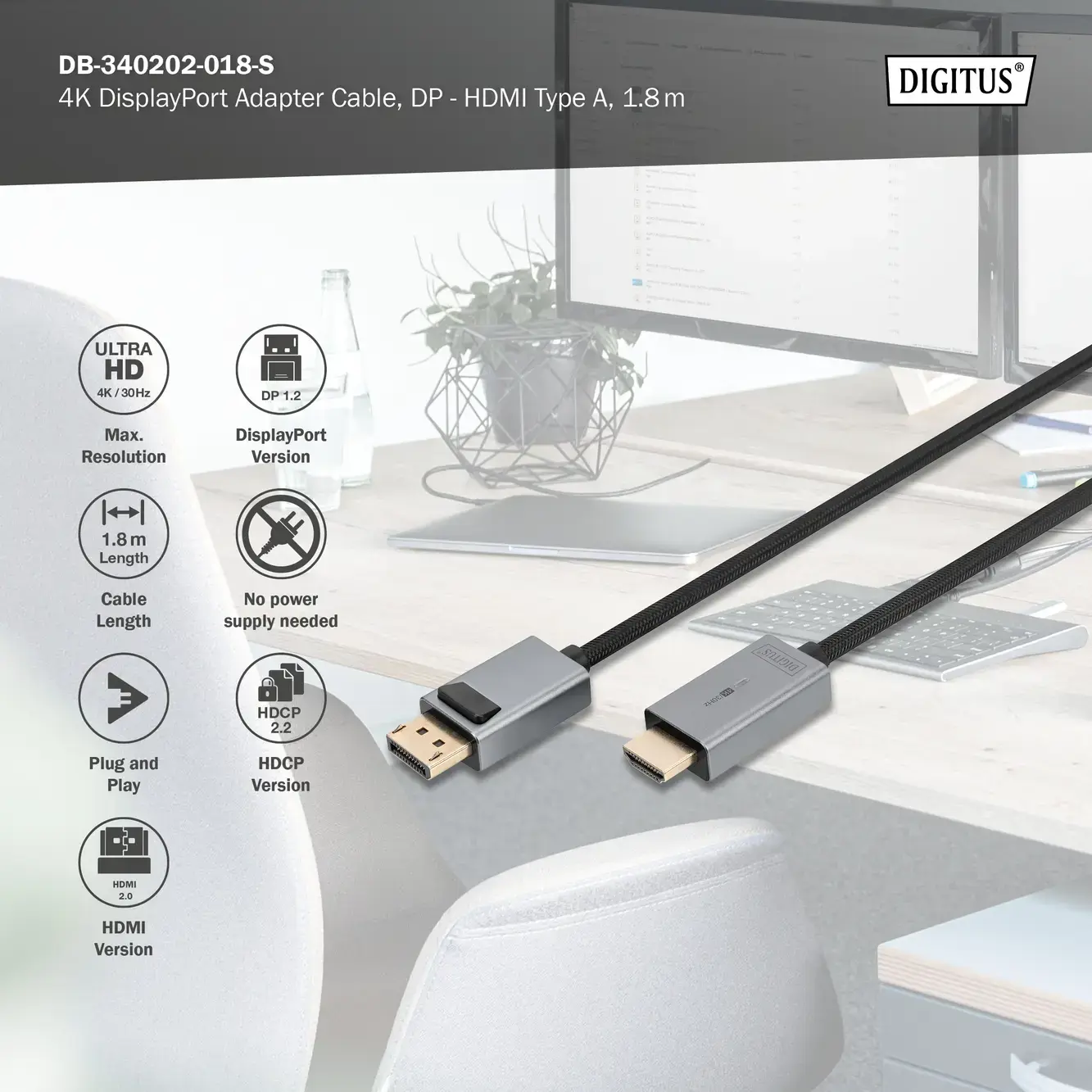 DP-HDMI adapterio kabelis DB-340202-018-S