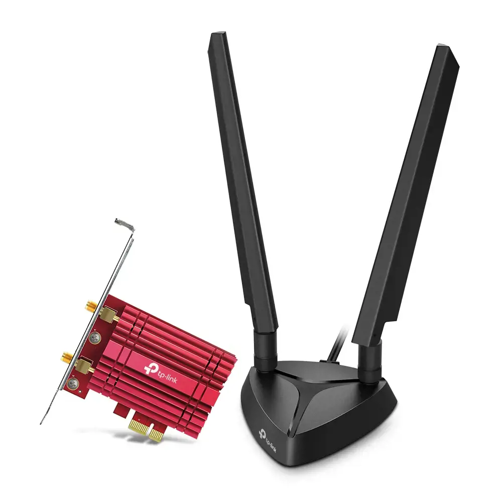 TP-Link AXE5400 "Wi-Fi 6E Bluetooth 5.2 PCIe" adapteris, vidinis, belaidis, PCI Express, WLAN / Bluetooth, 5400 Mbps, juodas, raudonas