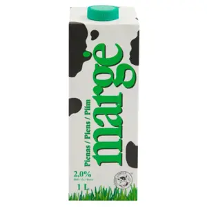 Pienas MARGĖ 2% riebumo,  1 l
