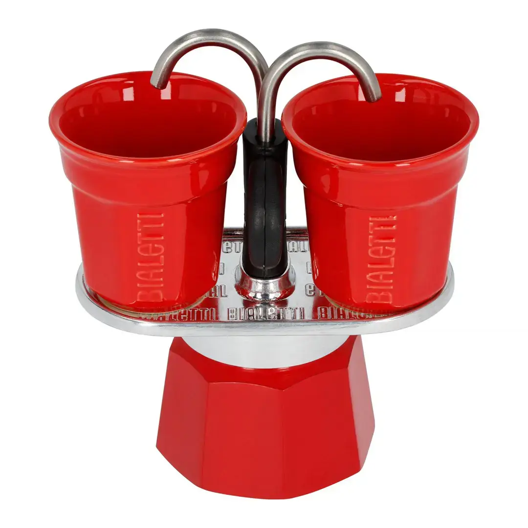 "Bialetti Mini Express" kavos aparatas raudonas 2tz + 2 puodeliai