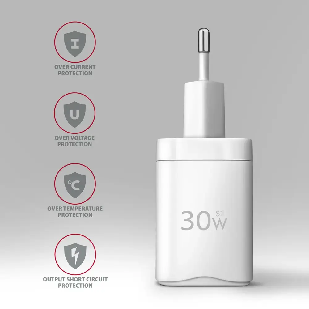 "Axagon Sil" sieninis įkroviklis su 2 prievadais (USB-A + USB-C), PD3.0/QC4+/PPS/AFC/Apple. 30 W bendra galia.