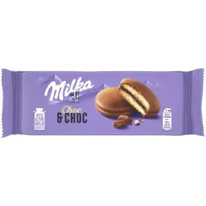 Pyragaičiai MILKA biskvitiniai su kakaviniu įdaru ir šokolado gabaliukais, 150g
