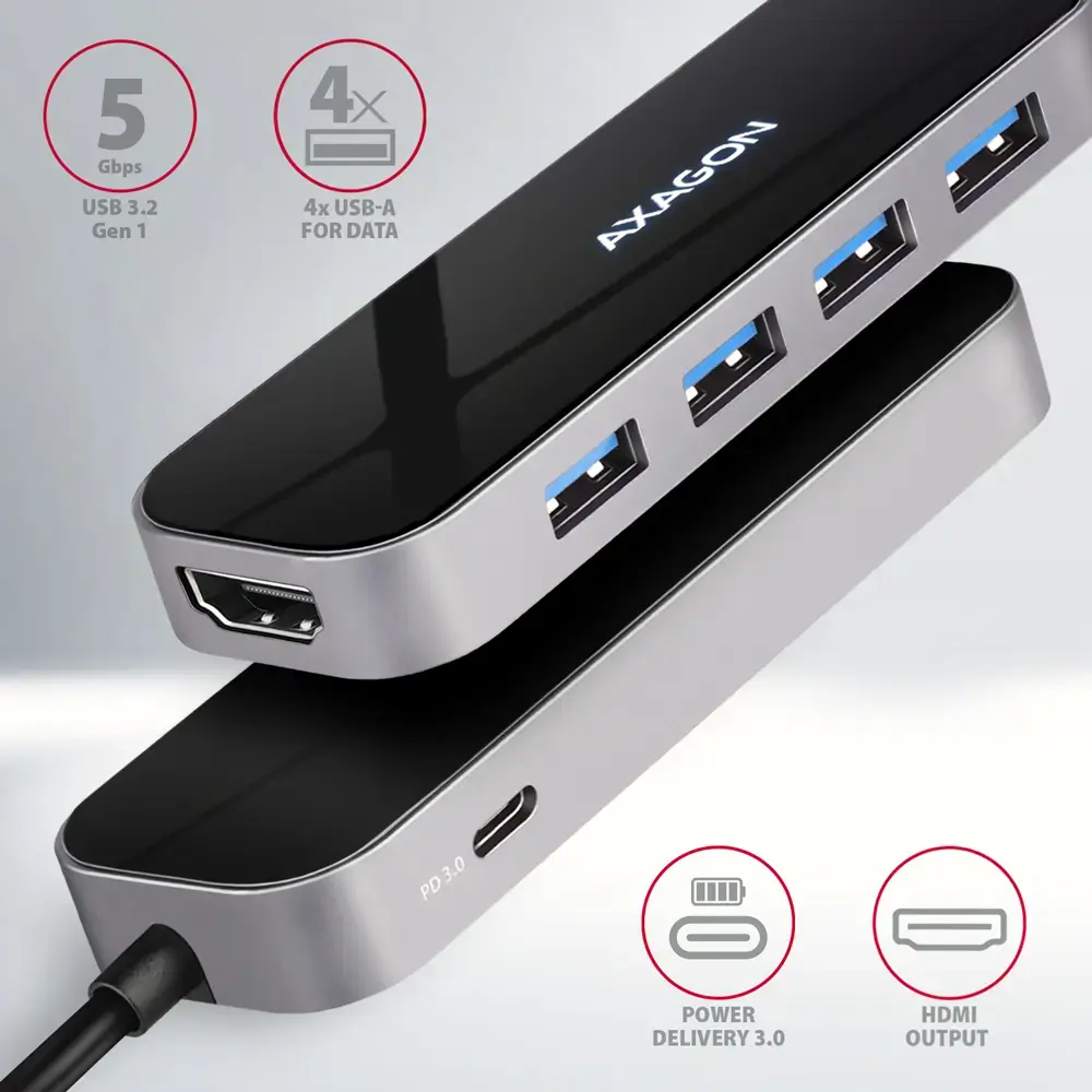 "Axagon" kelių prievadų USB 3.2 Gen 1 šakotuvas. HDMI, keturios USB-A išvestys ir "Power Delivery". Kabelinė USB-C 20 cm ilgio jungtis.