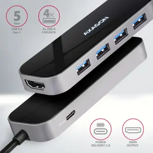 "Axagon" kelių prievadų USB 3.2 Gen 1 šakotuvas. HDMI, keturios USB-A išvestys ir "Power Delivery". Kabelinė USB-C 20 cm ilgio jungtis.