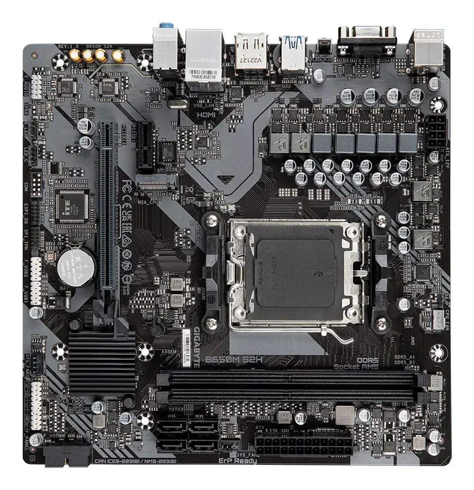 Pagrindinė plokštė GIGABYTE AMD B650 SAM5 Micro-ATX Atmintis DDR5 Atminties lizdai 2 1xPCI-Express 3.0 1x 1xPCI-Express 4.0 16x 1xM.2 1x15pin D-sub 1xHDMI 1xDisplayPort 4xUSB 2.0 2xUSB 3.2 1xPS/2 1xRJ45 3xAudio prievadas B650MS2H