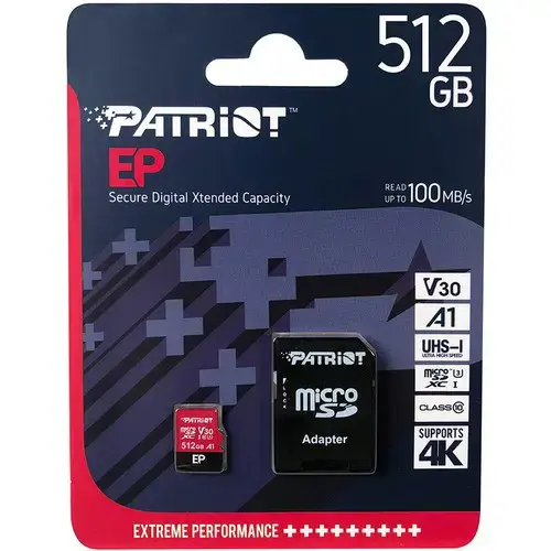 "Patriot Memory EP Pro PEF512GEP31MCX" atminties kortelė su adapteriu (512 GB; 10 klasės, A1 klasės, U3 klasės, V30 klasės; adapteris, atminties kortelė)