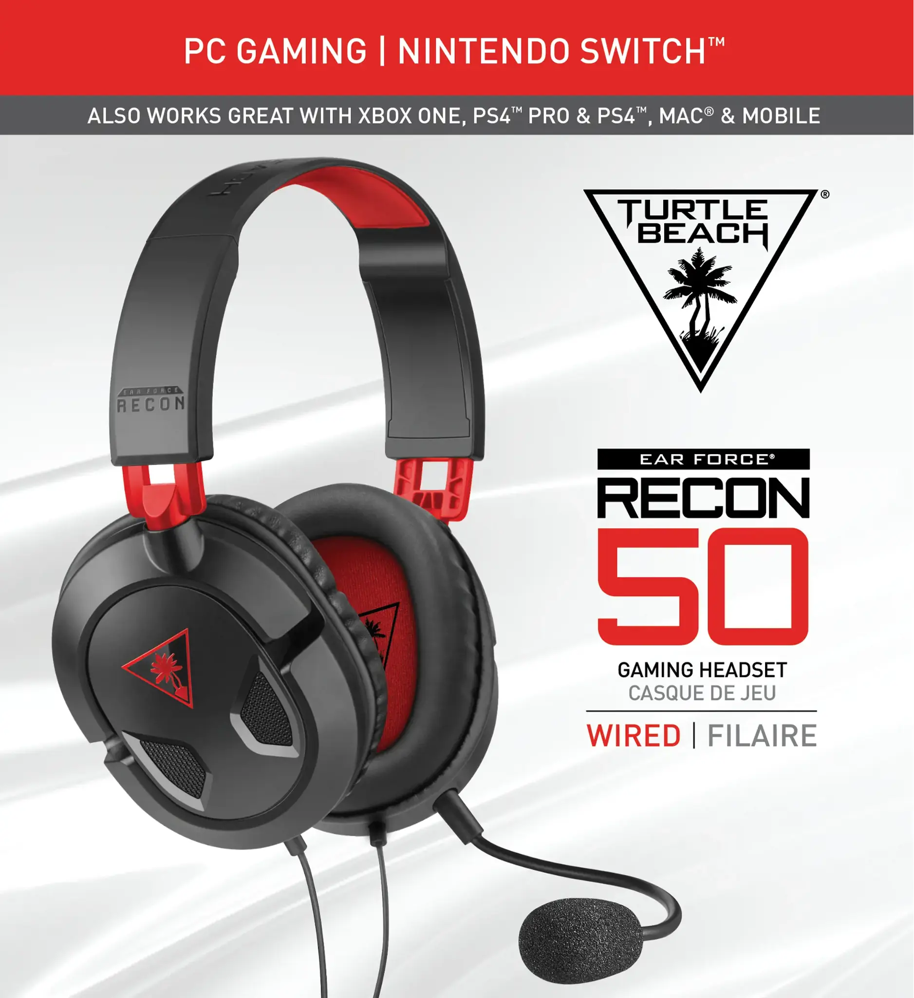 Turtle Beach Recon 50 Gaming Headset for PC and Mac, Wired, Gaming, 20 - 20000 Hz, 530.7 g, Headset, Black, Red