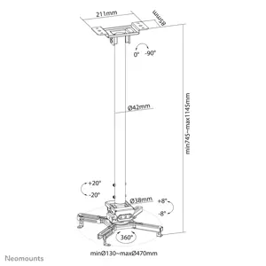 "Neomounts by Newstar" projektoriaus lubinis laikiklis, lubinis, 35 kg, juodas, -8 - 8°, 180°, -20 - 20°