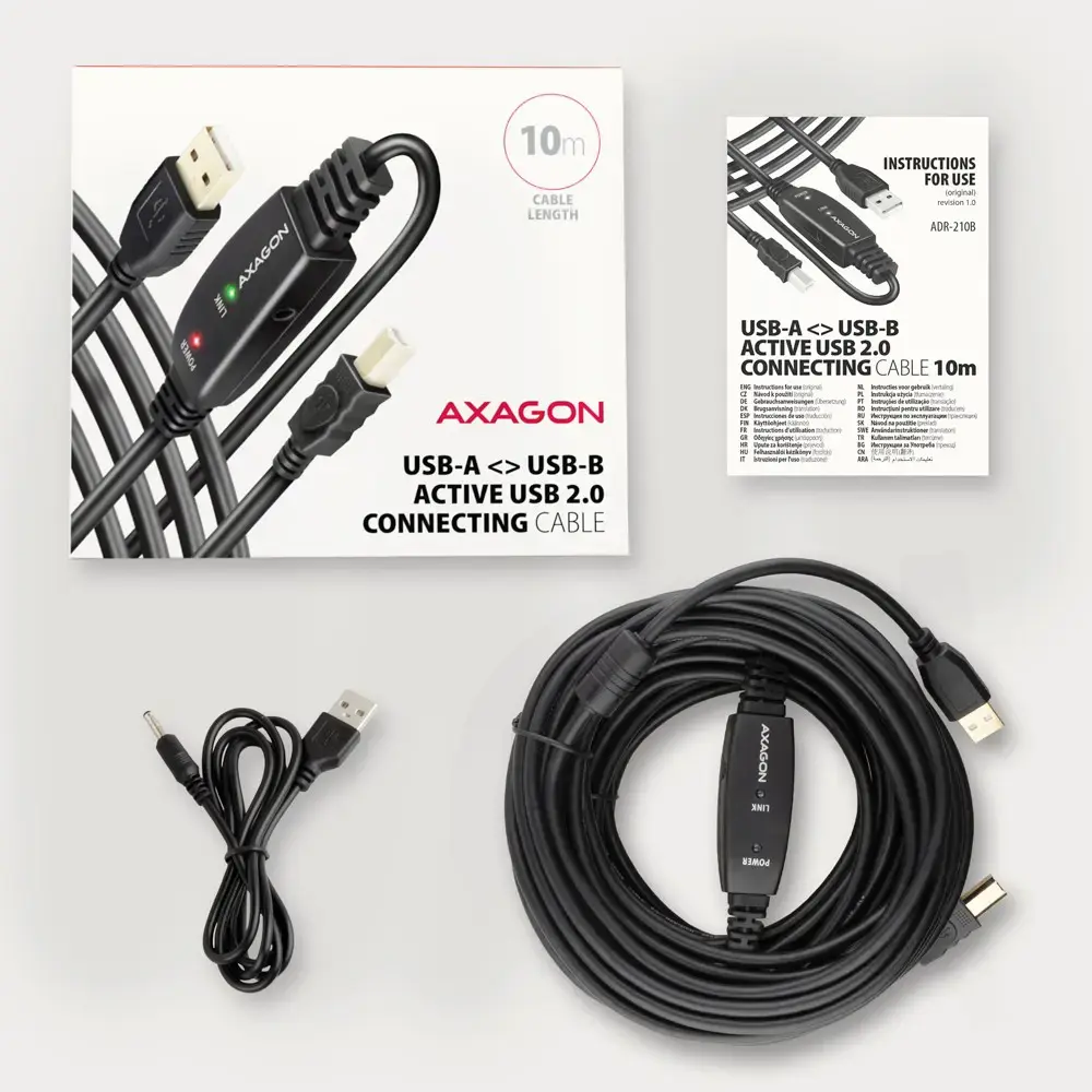 Aragon ADR-210B Aktyviosios jungties USB 2.0 A-M > B-M kabelis, 10 m ilgio. Maitinimo šaltinio parinktis.