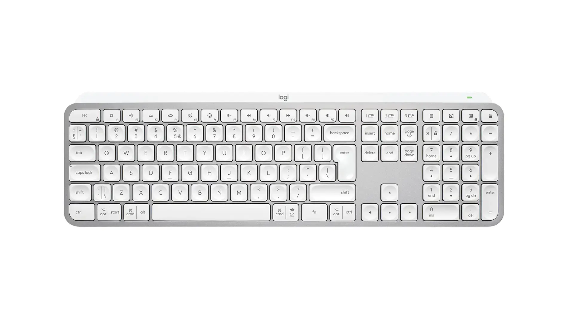 "Logitech MX Keys S", pilno dydžio (100 %), RF belaidis + "Bluetooth", žirklinis klavišų jungiklis, QWERTY, LED, aliuminis, baltas