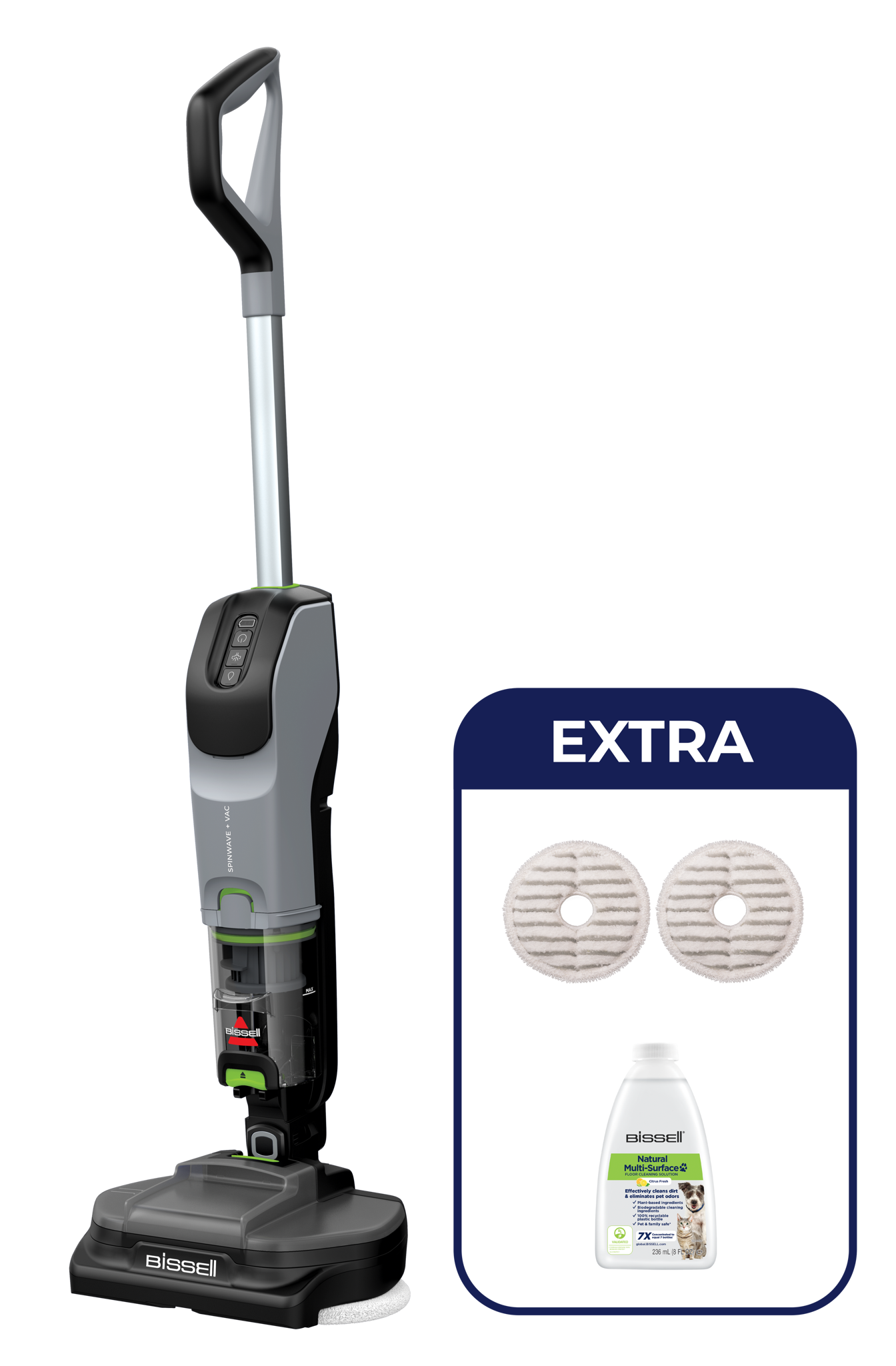 Bissell | Kietų paviršių valytuvas | SpinWave®+ Vac PET Select | Belaidis veikimas | Rankinė lazdelė | Skalbimo funkcija | 25,9 V | Veikimo laikas (maks.) 70 min | Pilka/juoda/juoda | Garantija 24 mėn.