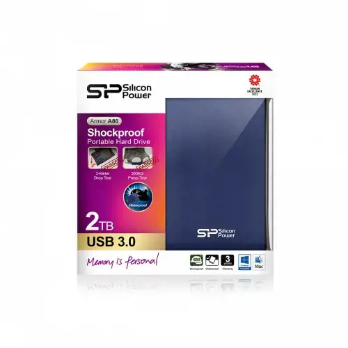 SILICONPOW SP020TBPHDA80S3B Išorinis kietasis diskas Silicon Power Armor A80 2.5 2TB USB 3.0, IPX7, atsparus vandeniui, mėlynas