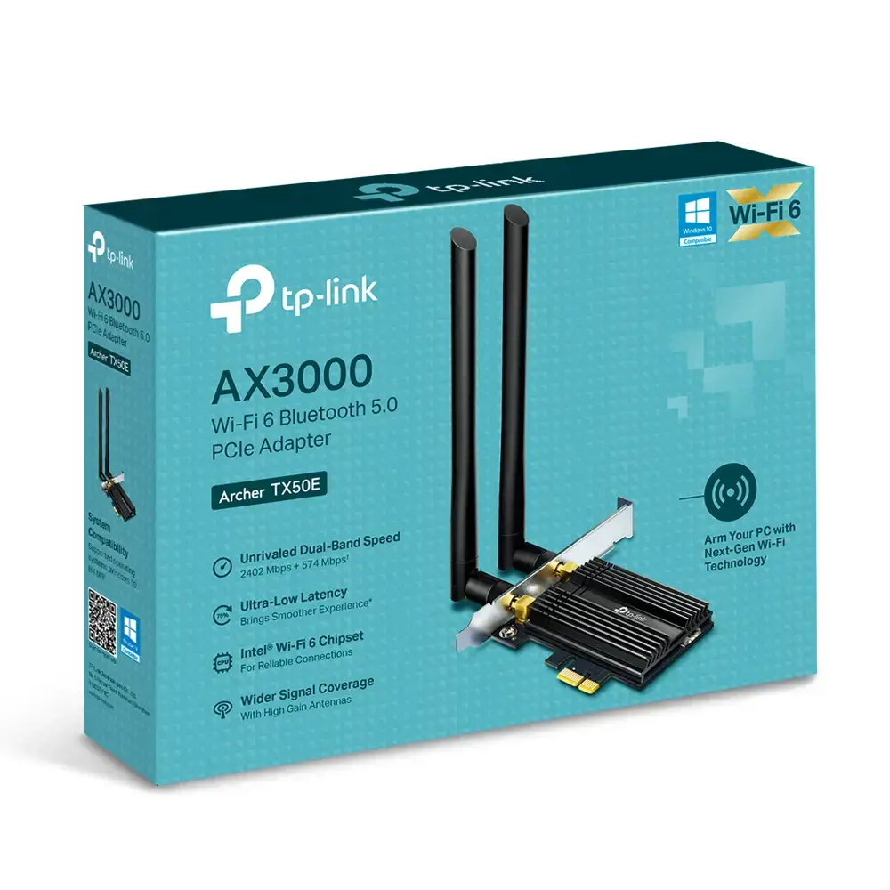 TP-Link AX3000 "Wi-Fi 6 Bluetooth 5.0 PCIe" adapteris, vidinis, belaidis, PCI Express, WLAN / Bluetooth, 2402 Mbps, juodas, metalinis
