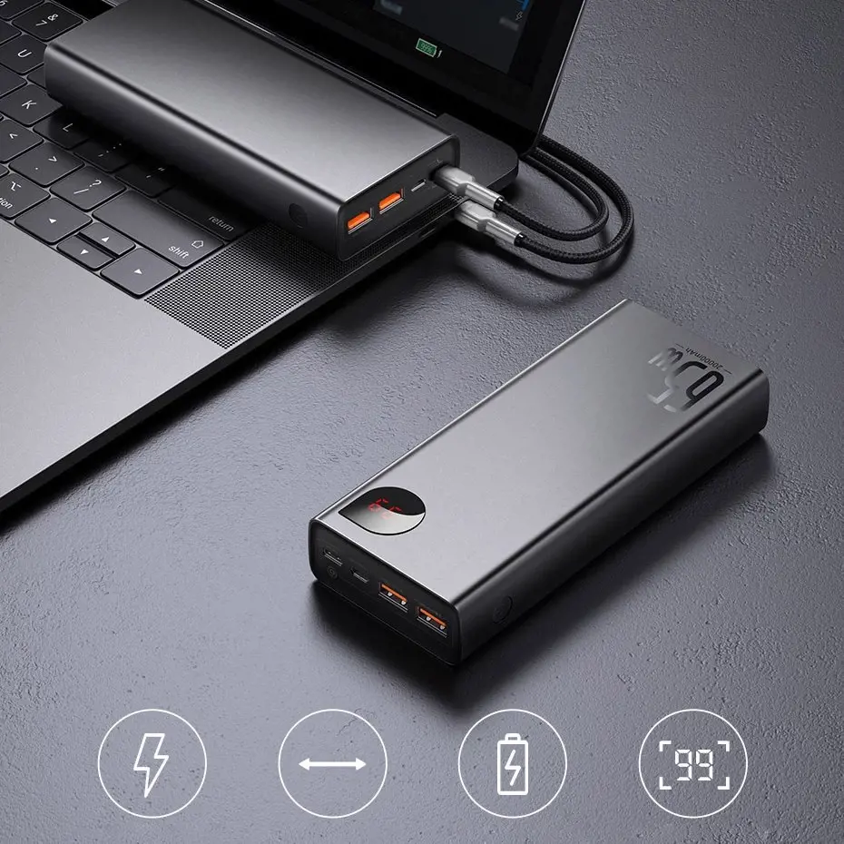 "Baseus Adaman Metal Powerbank" 20000mAh PD QC 3.0 65W 2xUSB + USB-C + micro USB (mėlyna)