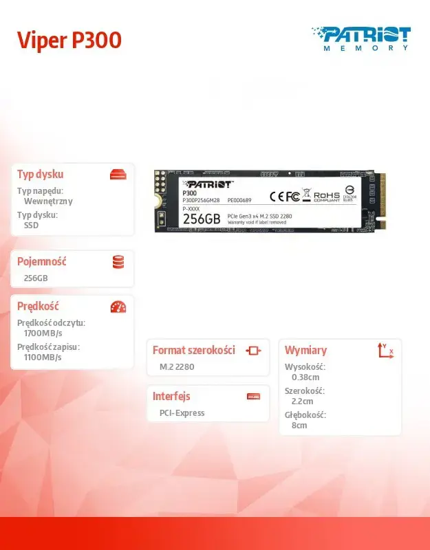 SSD diskas PATRIOT MEMORY P300 256 GB, M.2 2280, PCIe 3.0 x4 (NVMe)