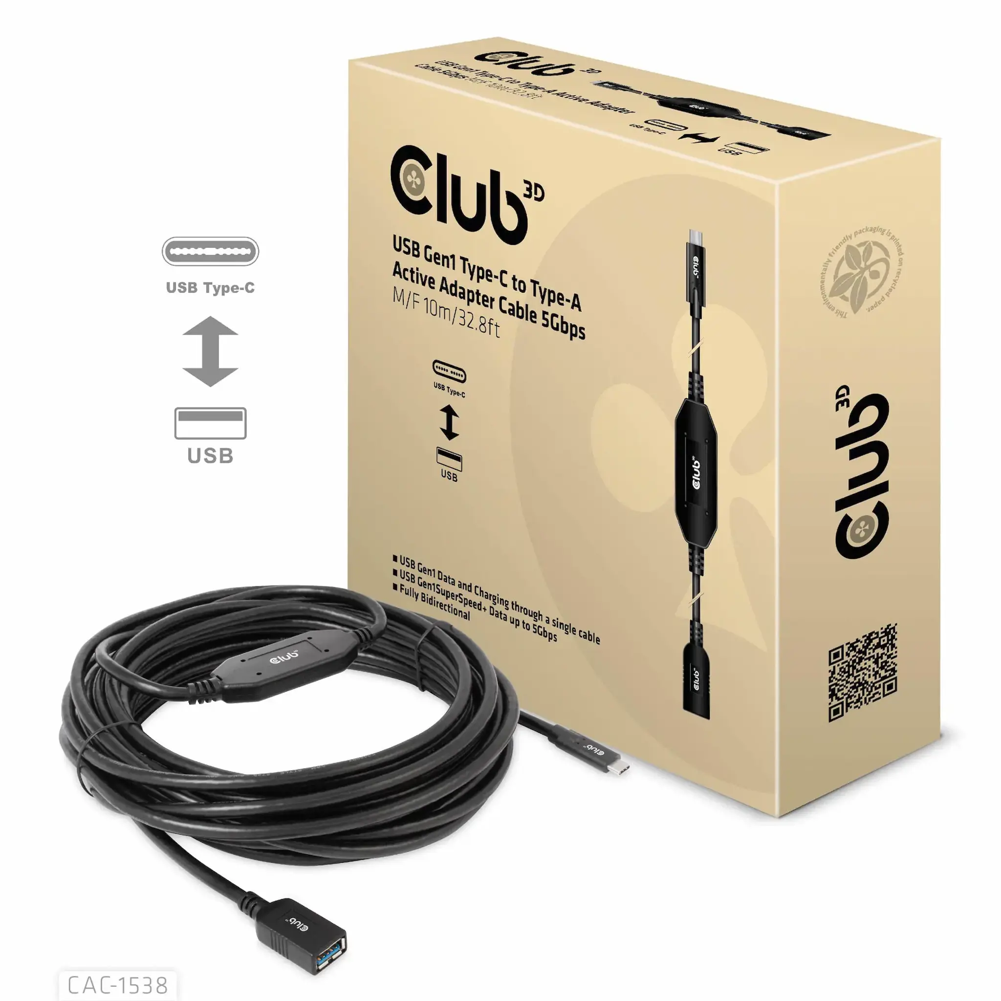 CLUB3D USB Gen1 Type-C to Type-A Active Adapter Cable 5Gbps M/F 10m/32.8ft, 10 m, USB C, USB A, USB 3.2 Gen 1 (3.1 Gen 1), 5000 Mbit/s, Black