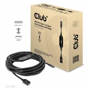 CLUB3D USB Gen1 Type-C to Type-A Active Adapter Cable 5Gbps M/F 10m/32.8ft, 10 m, USB C, USB A, USB 3.2 Gen 1 (3.1 Gen 1), 5000 Mbit/s, Black
