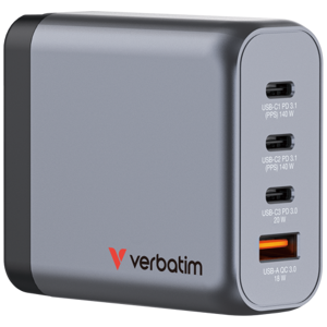 Verbatim 32203 GaN Įkroviklis 140W 4-Port, USB-A/USB-C, EU/UK/US Plug, Pilka/Juoda