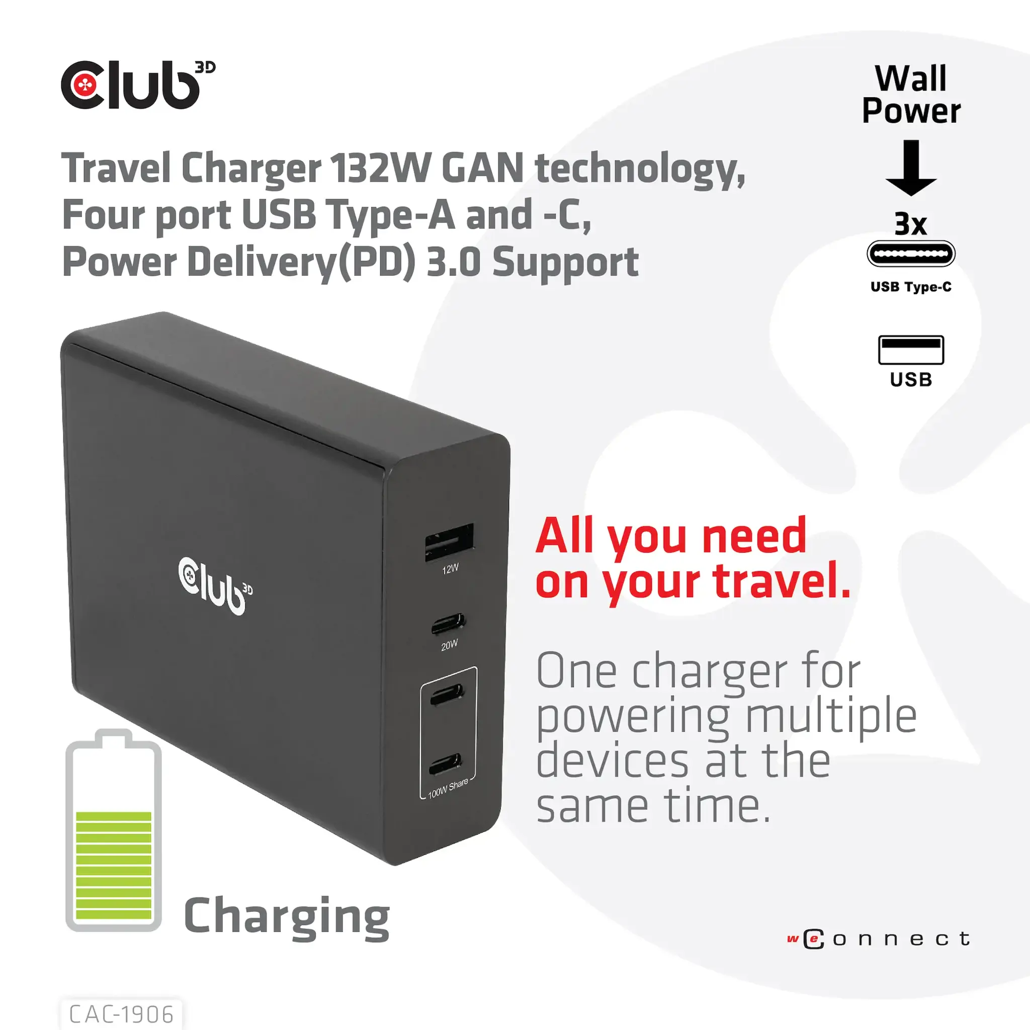 CLUB3D Travel Charger 132W GAN technology, Four port USB Type-A and -C, Power Delivery(PD) 3.0 Support, Indoor, DC, Black