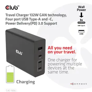 CLUB3D Travel Charger 132W GAN technology, Four port USB Type-A and -C, Power Delivery(PD) 3.0 Support, Indoor, DC, Black