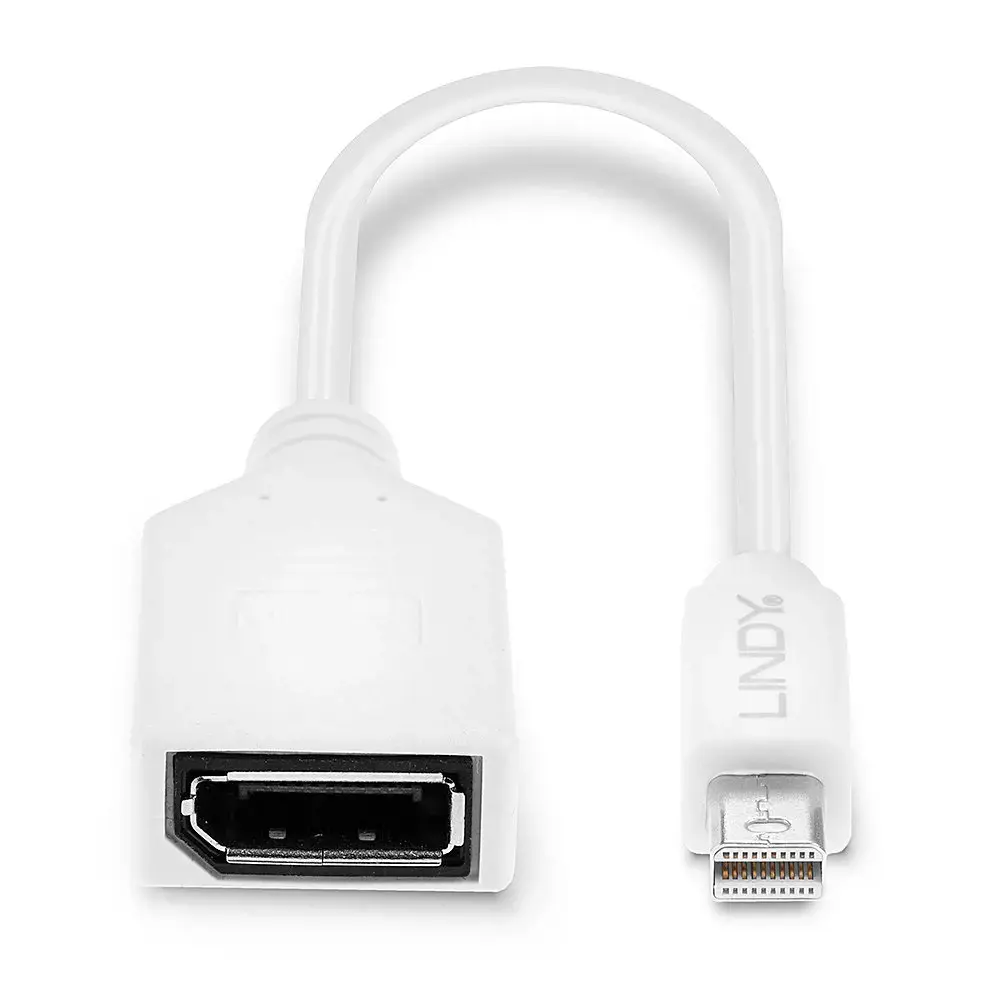 "Lindy" adapterio kabelis "Mini-DP (M)/DP (F) Premium" ekranuotas, 0,15 m, "Mini DisplayPort", "DisplayPort", vyriškas, moteriškas, baltas