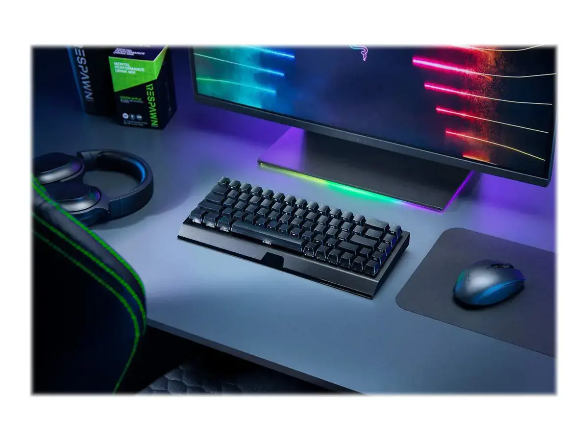 "Razer BlackWidow V3 Mini HyperSpeed" mechaninė žaidimų klaviatūra, RGB LED apšvietimas, QWERTY, tarptautinė, belaidė, juoda, geltonas jungiklis