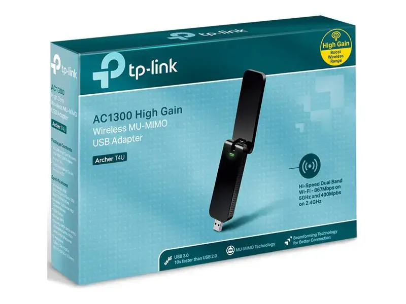 TP-Link AC1200 belaidis dviejų dažnių juostų USB 3.0 adapteris 1200Mb/s USB3.0/2.0 300Mb/s 2,4 GHz dažniu + 900Mb/s 5 GHz dažniu 802.11a/b/g/n/ac, WPA2/WPA
