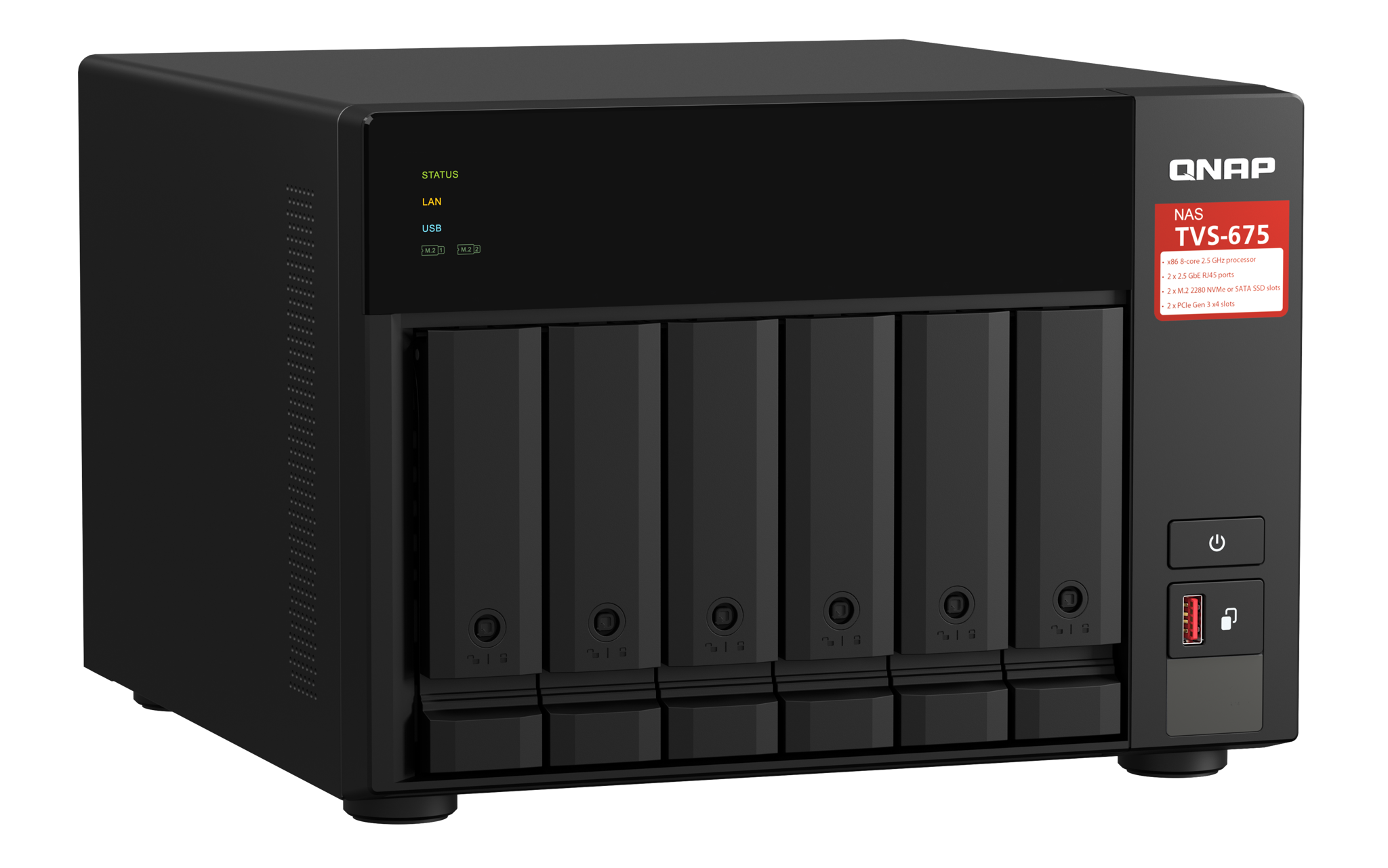 QNAP TVS-675-8G 6-bay NAS KX-U6580 8C/8T 2.5GHz 8GB 6xSATA 6Gb/s bays 2xM.2 NVMe PCIe Gen3 SSD slots 2x2.5GbE LAN optional 10GbE