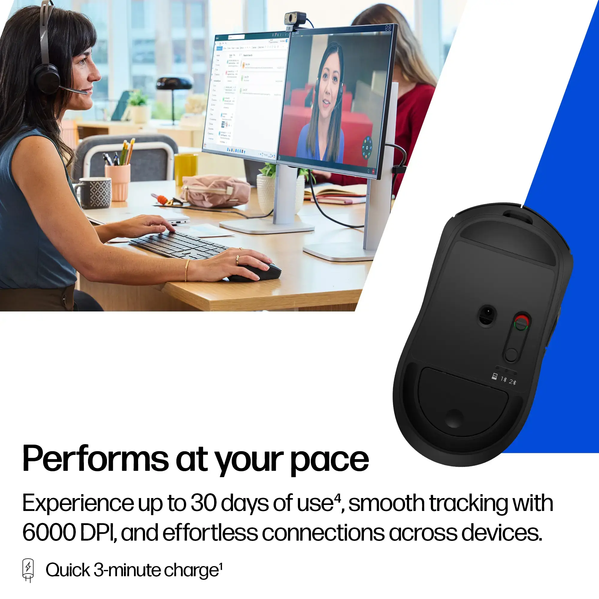 HP 705 Super Capacitor Wireless Mouse - Multi-Device, Programmable, 4-way scrolling, Ultra-Fast Rechargeable, Multi Surface, 6000 dpi - Black