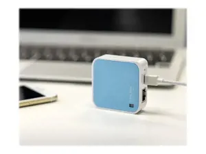 "TP-Link" 300Mb/s belaidis N kelioninis Wi-Fi maršrutizatorius, "Wi-Fi 4" (802.11n), vienos juostos (2,4 GHz), Ethernet LAN, 4G, mėlynas, baltas, stalinis maršrutizatorius