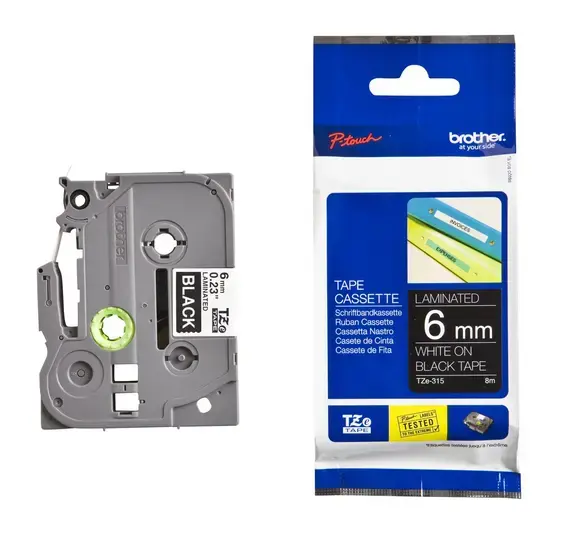 Brother laminuota juosta 6 mm, balta ant juodos spalvos, TZe, pilka, terminis perkėlimas, Brother, PT-1280HK, PT-1280SN, PT-1280KT, PT-D200HK, PT-1100SN, PT-1100KT, PT-2100VP, PT-2730, PT-7600,...
