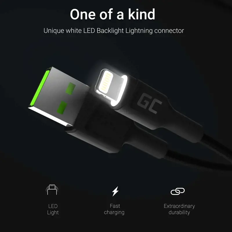 GREENCELL KABGC05 Žalias kabelis "Green Cell Ray" USB-A - "Lightning" su baltu LED 120 cm su "Apple" palaikymu