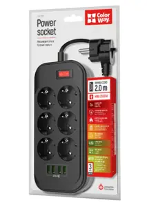 "ColorWay" maitinimo lizdas CW-CHE64B Juodas, 4xUSB, 2 m, 250 V, 6 euro lizdai, 17 W