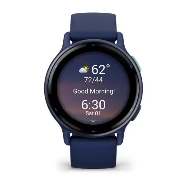 Garmin vivoactive 5 Mėlynos metalo spalvos aliuminio apvadas su mėlynu korpusu ir silikoniniu dirželiu
