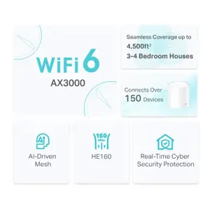"TP-Link AX3000 Whole Home Mesh WiFi 6" sistema, balta, vidinė, CE: (2,4 GHz) <20 dBm (2,4 GHz) <23 dBm (5 GHz) FCC: <30 dBm (2,4 GHz) <30 dBm (5 GHz), 0-40 °C, -40-70 °C, 10-90 %.