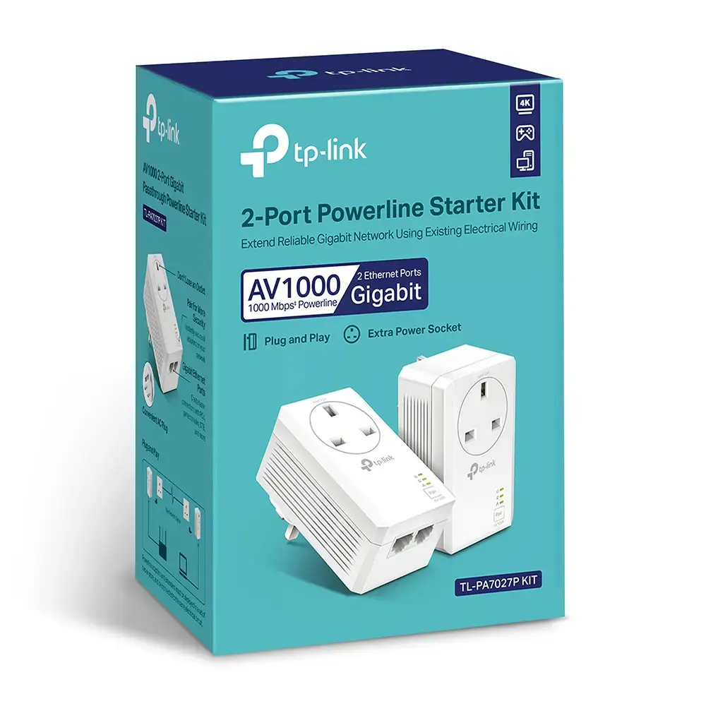 TP-Link TL-PA7027P KIT, 1000 Mbps, IEEE 1901, IEEE 802.3, IEEE 802.3u, G tipo, Gigabit Ethernet, 10,100,1000 Mbps, HomePlug AV2
