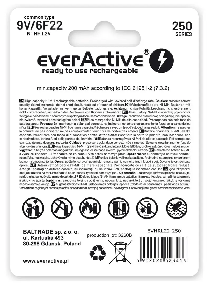 Įkraunamos baterijos everActive Ni-MH 6F22 9V 250 mAh Silver Line