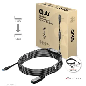 CLUB3D USB 3.2 Gen1 Active Repeater Cable 10m / 32.8ft M/F 28AWG, 10 m, USB A, USB A, USB 3.2 Gen 2 (3.1 Gen 2), Black