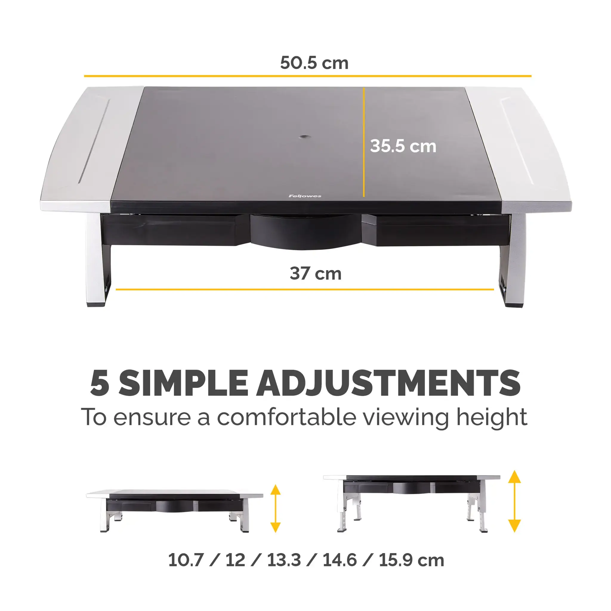 "Fellowes Office Suites Standard Monitor Riser", laisvai pastatomas, 36 kg, 71,1 cm (28"), reguliuojamas aukštis, juodas, sidabrinis