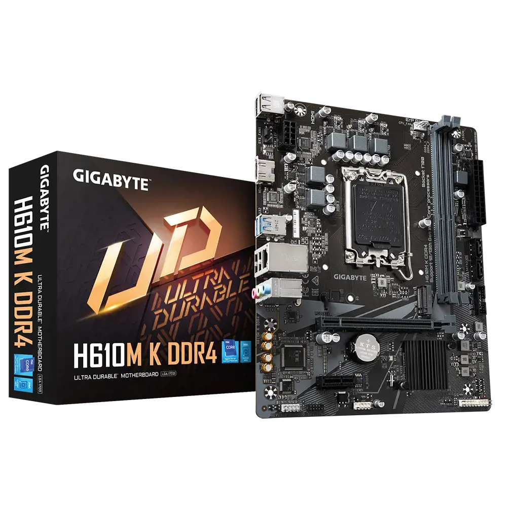 Gigabyte H610M K DDR4 1.0, "Intel", LGA 1700, "Intel® Celeron®", "Intel® Core™ i3", "Intel® Core™ i7", "Intel® Core™ i9", "Intel® Pentium® Gold", DDR4-SDRAM, 64 GB, DIMM