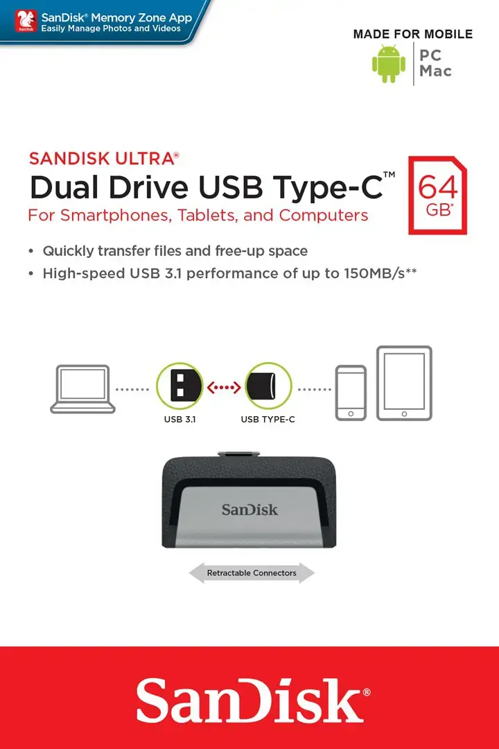 "SanDisk Ultra Dual Drive" USB Type-C atmintinė 64 GB; EAN:619659142056