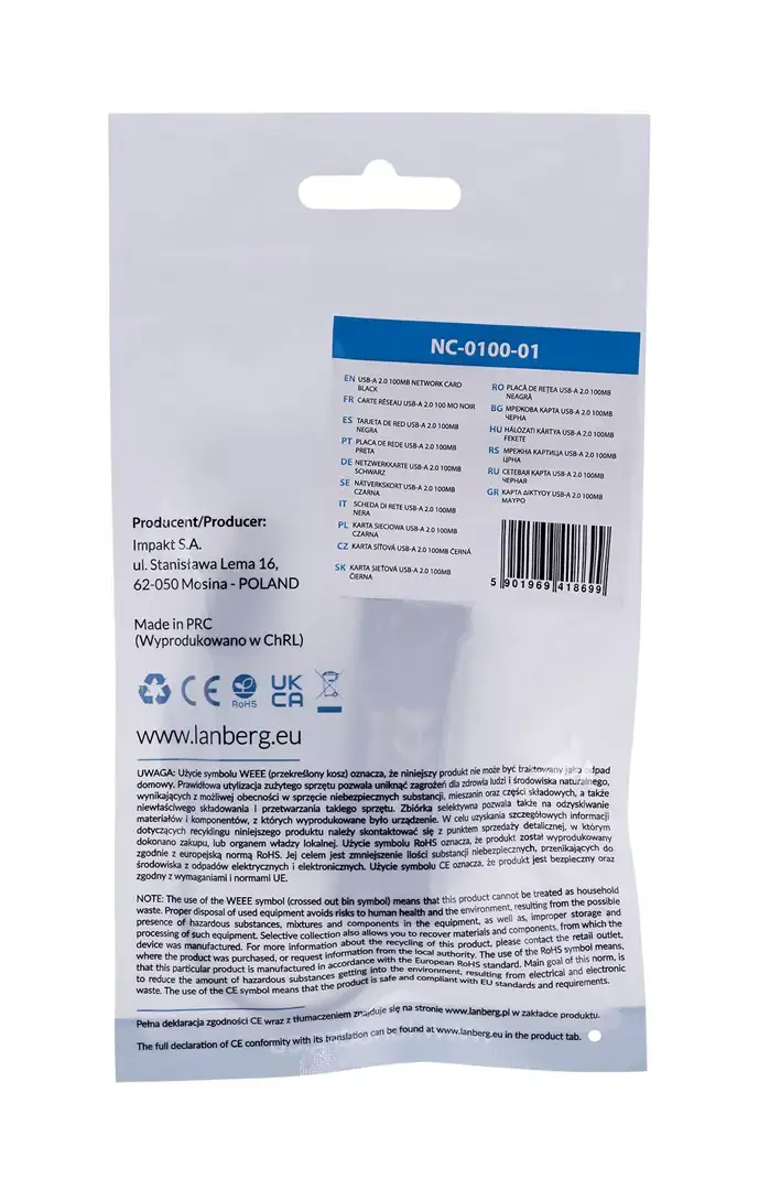LANBERG NC-0100-01 Lanbergo adapteris Lan kortelė USB 2.0 - RJ45 100MB, su kabeliu