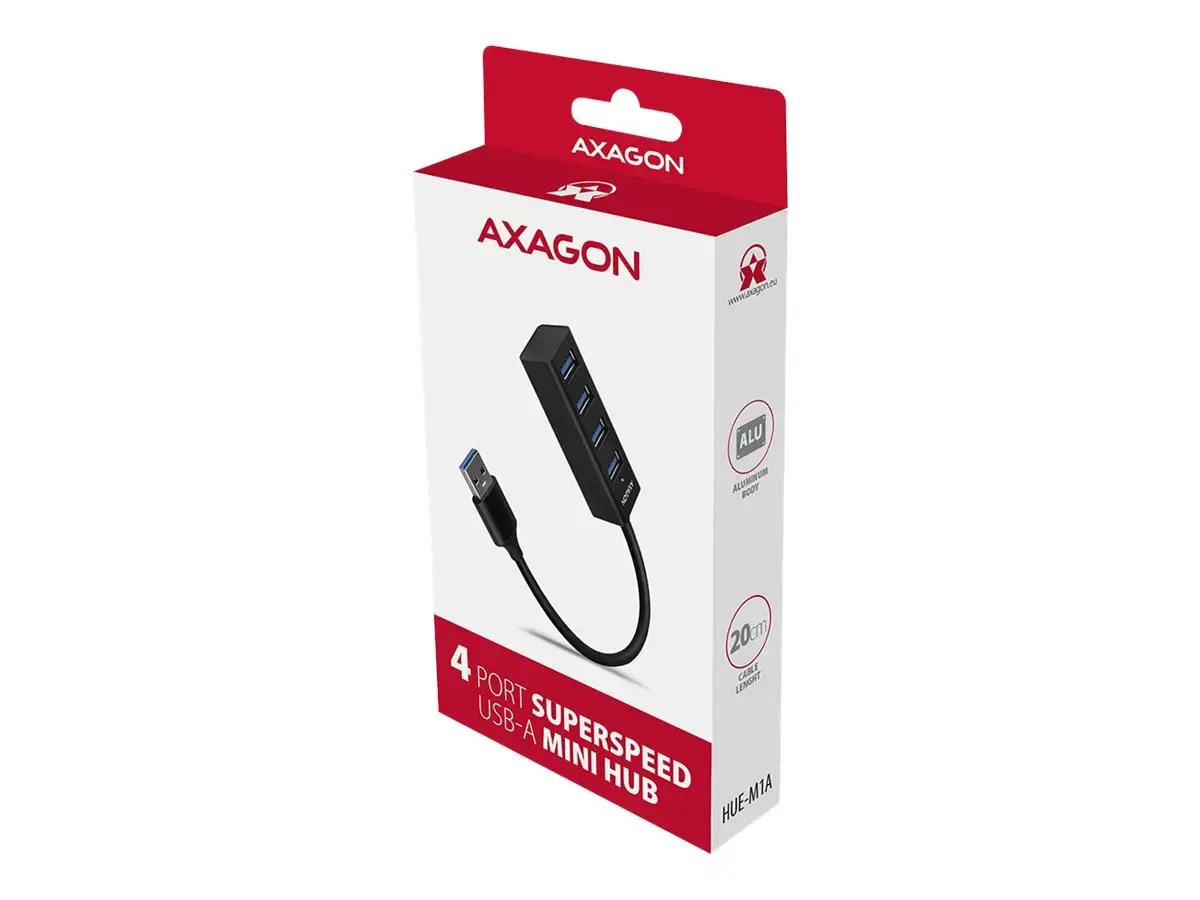 AXAGON HUE-M1A 4x USB3.2 Gen 1 MINI šakotuvas, metalinis, 20 cm USB-A laidas