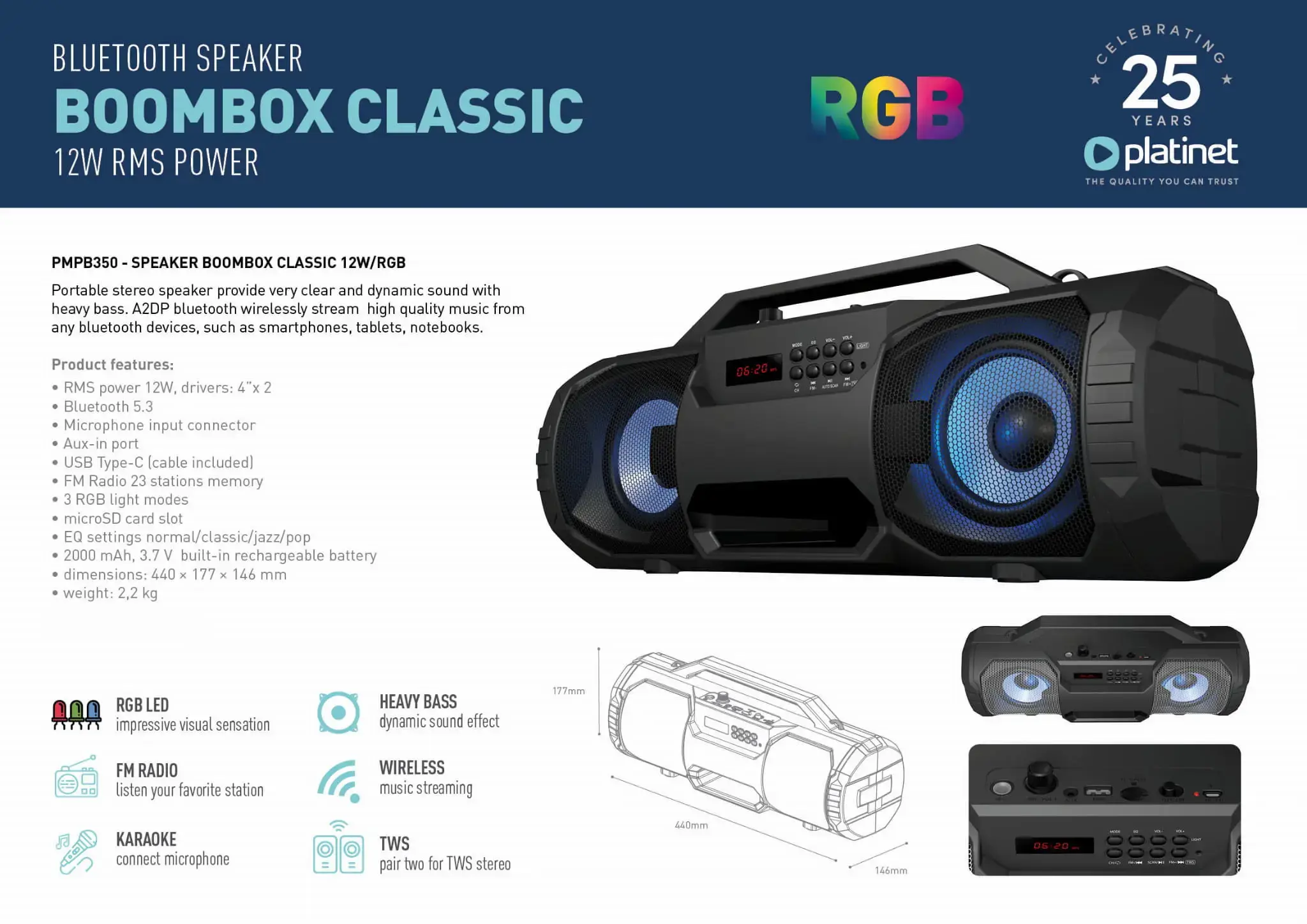 Platinet wireless speaker Boombox Classic 12W (45952)