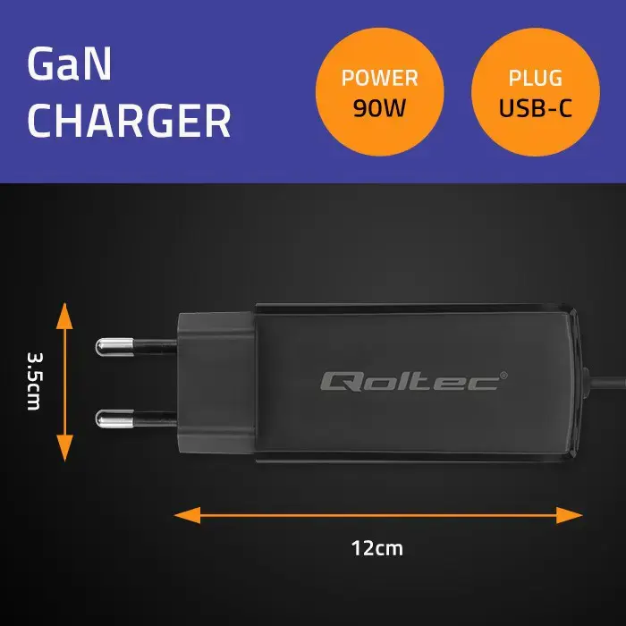 Qoltec 52420 90W GaN Super Fast Charger| 5-20V | 3-4.5A | USB-C 3.1