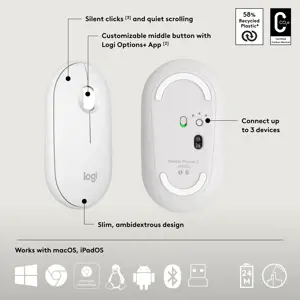 Logitech Pebble 2 Combo, Wireless, RF Wireless + Bluetooth, Scissor key switch, QWERTY, White, Mouse included