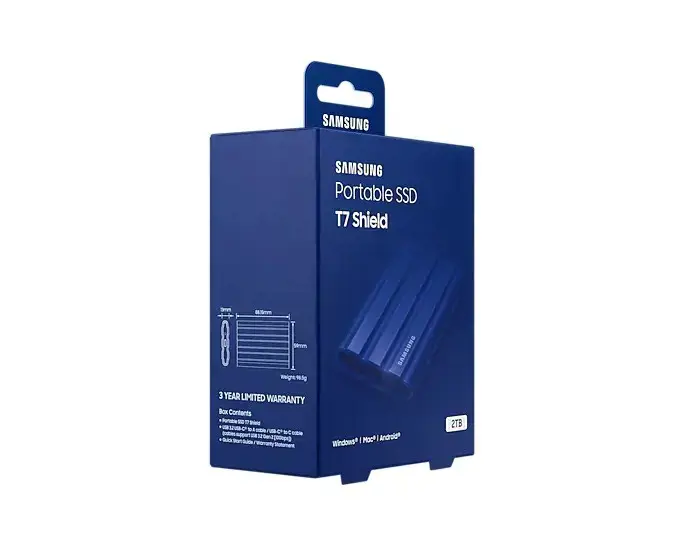 SAMSUNG nešiojamasis SSD T7 Shield 2TB USB 3.2 Gen 2 + IPS 65 mėlyna