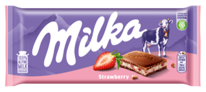 Pieninis šokoladas MILKA, iš Alpių pieno, su braškių skonio įdaru, 100 g